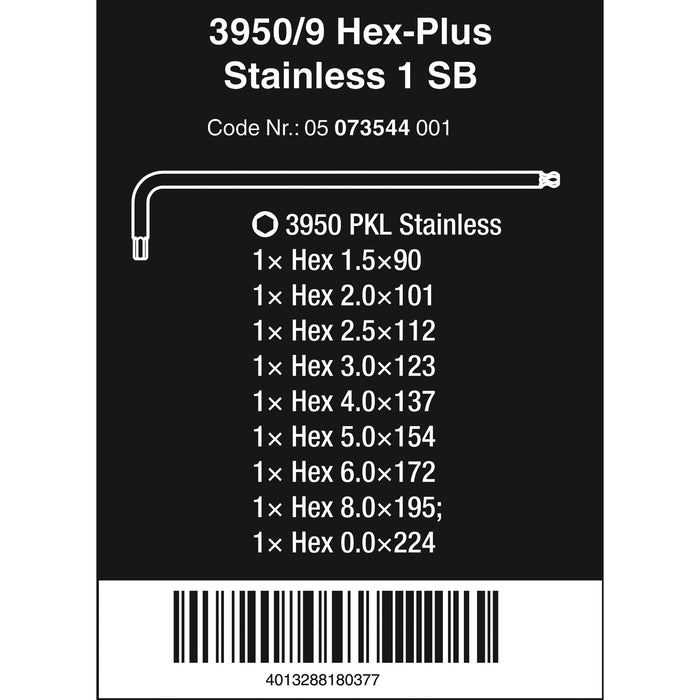 Wera 3950/9 Hex-Plus Stainless 1 SB L-key set, metric, stainless, 9 pieces