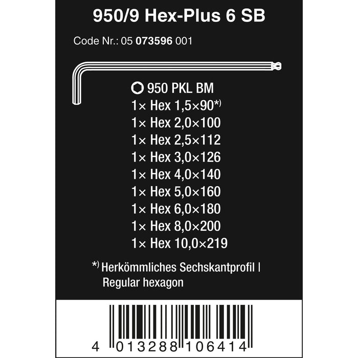 Wera 950/9 Hex-Plus 6 SB L-key set, metric, BlackLaser, 9 pieces