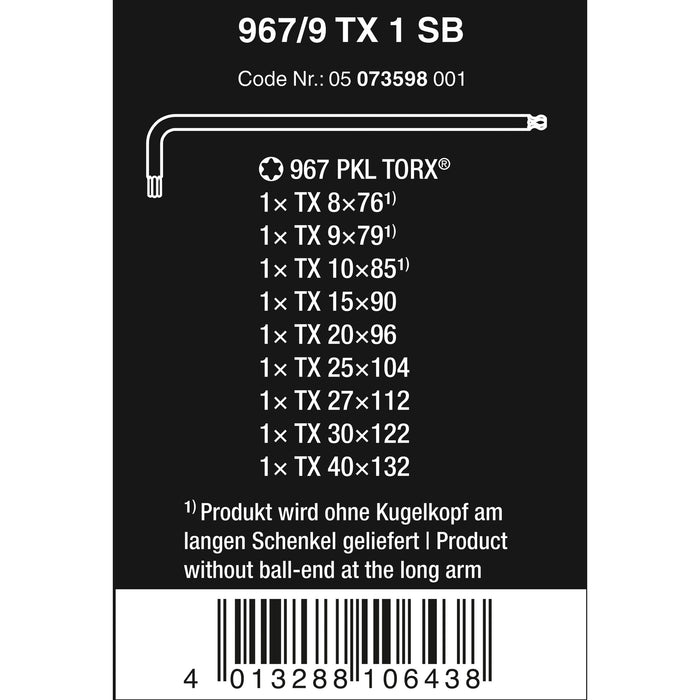 Wera 967/9 TX 1 SB TORX® L-key set, BlackLaser, 9 pieces