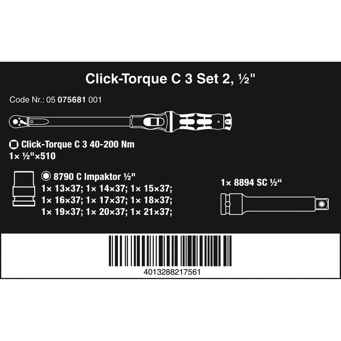 Wera Click-Torque C 3 set 2 for cement screwdriving, 40-200 Nm, 11 pieces