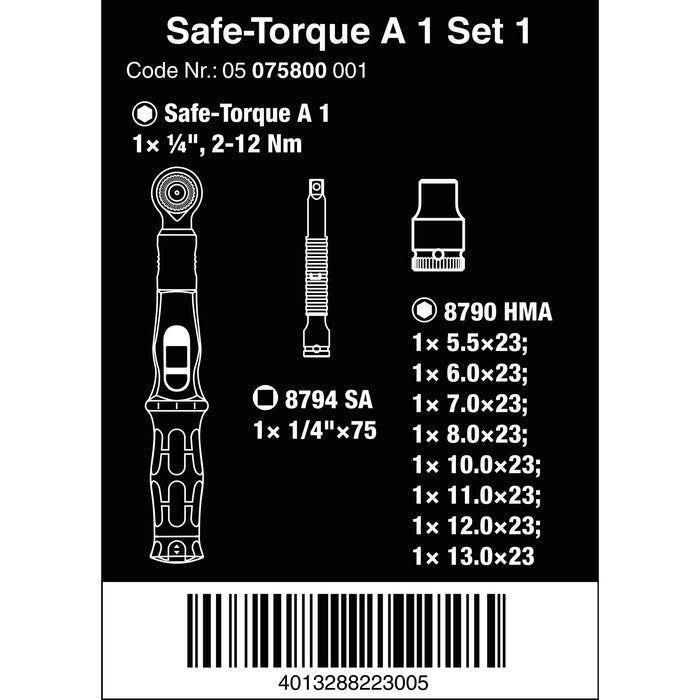 Wera Safe-Torque A 1 Set 1, 1/4" square head drive, 2-12 Nm, 10 pieces