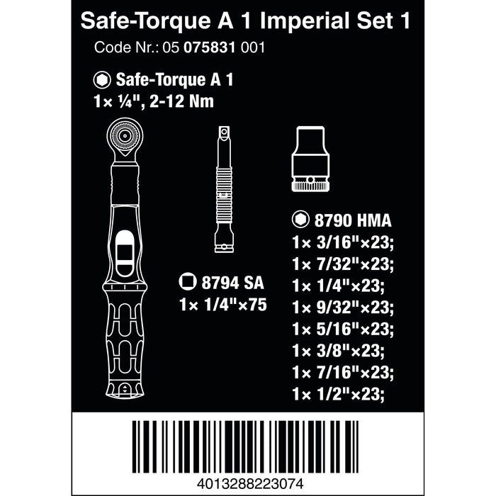 Wera Safe-Torque A 1 Imperial Set 1, 1/4" square head drive, 2-12 Nm, 10 pieces