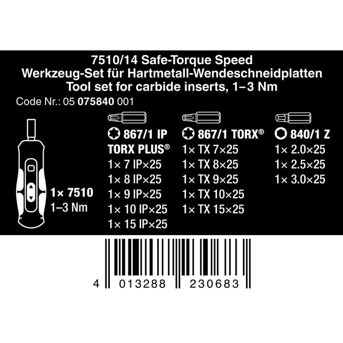 Wera 7510/14 Safe-Torque Speed Tool set for carbide inserts, 14 pieces