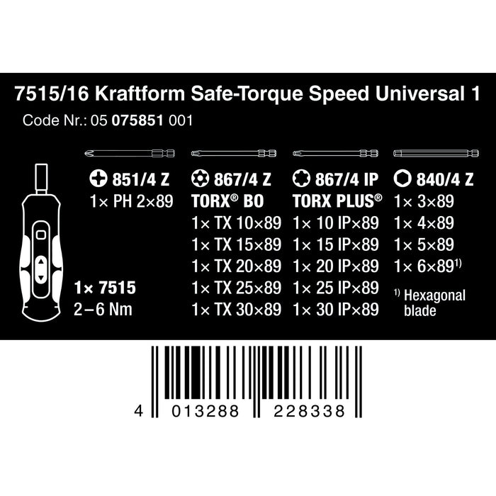 Wera 7515/16 Kraftform Safe-Torque Speed Universal 1, 16 pieces