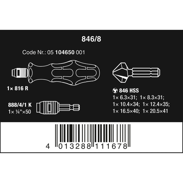 Wera 846/8 3-flute Countersink Bits Set, 8 pieces