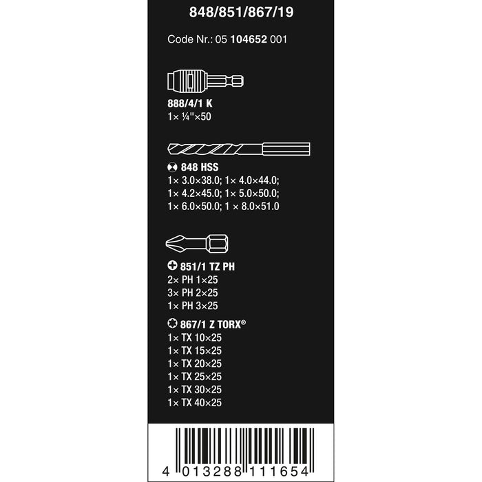 Wera 848/851/867/19 Metal Twist Drill Bits and Bits Set, 19 pieces