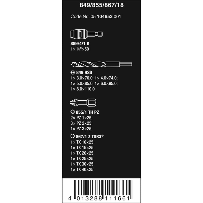 Wera 849/855/867/18 Wood Twist Drill Bits and Bits Set, 18 pieces