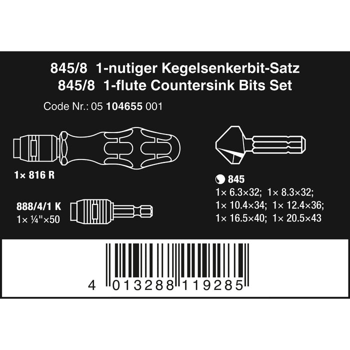 Wera 845/8 1-flute Countersink Bits Set, 8 pieces