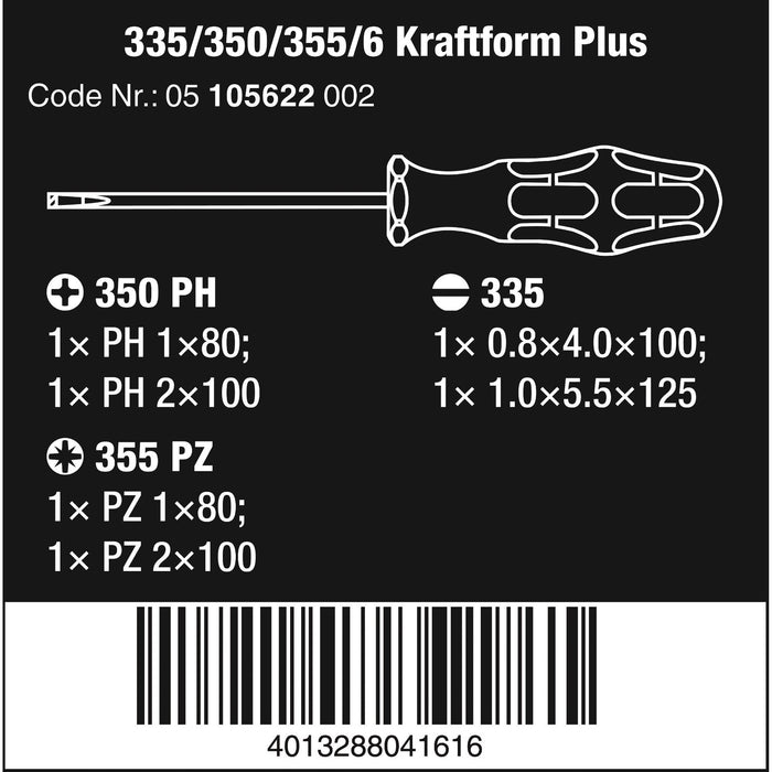 Wera 335/350/355/6 Screwdriver set Kraftform Plus Lasertip and rack, 6 pieces