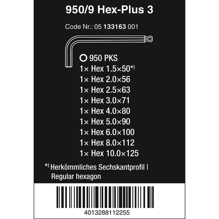 Wera 950/9 Hex-Plus 3 L-key set, metric, chrome-plated, 9 pieces