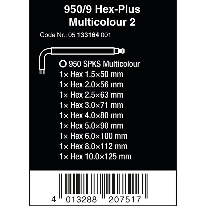 Wera 950/9 Hex-Plus Multicolour 2 L-key set, metric, BlackLaser, 9 pieces