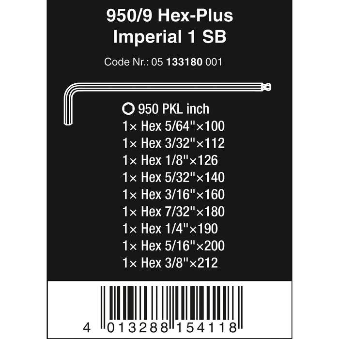 Wera 950/9 Hex-Plus Imperial 1 SB L-key set, Imperial, BlackLaser, 9 pieces