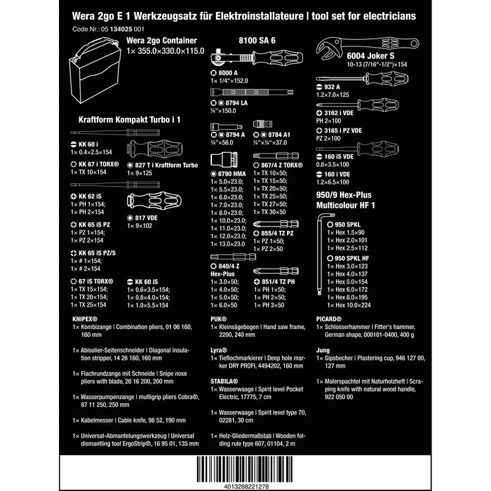 Wera 2go E 1 Tool set for electricians, 73 pieces