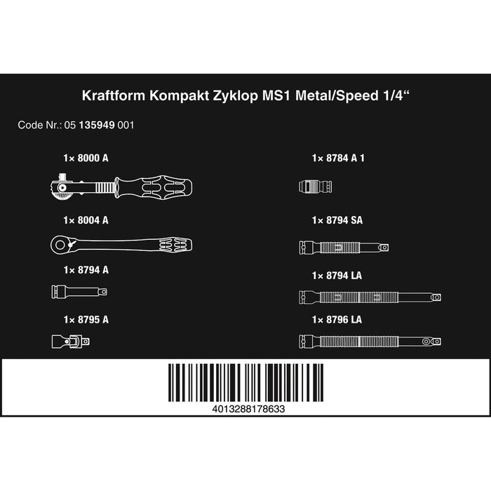 Wera Kraftform Kompakt Zyklop MS1 Metal/Speed 1/4", 8 pieces