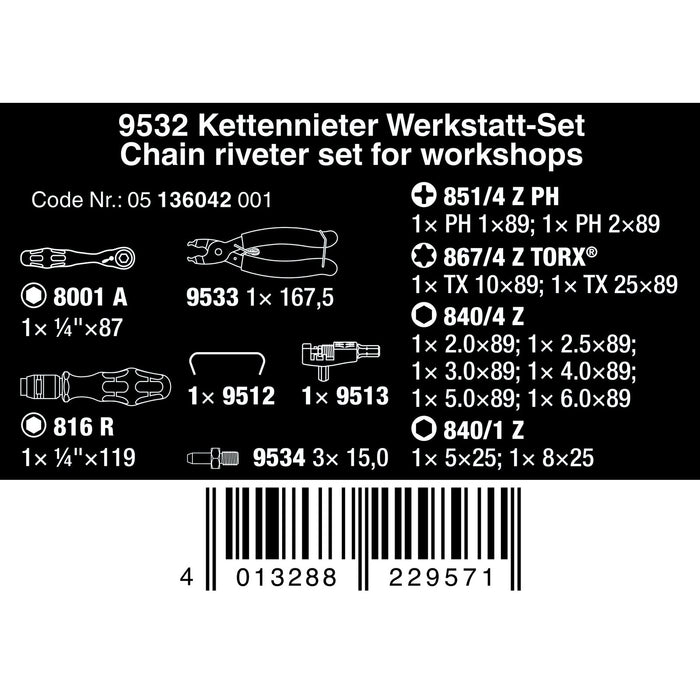 Wera 9532 Chain riveter set for workshops, 20 pieces