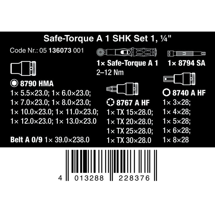 Wera Safe-Torque A 1 SHK Set 1, 1/4" square head, 2-12 Nm, 20 pieces