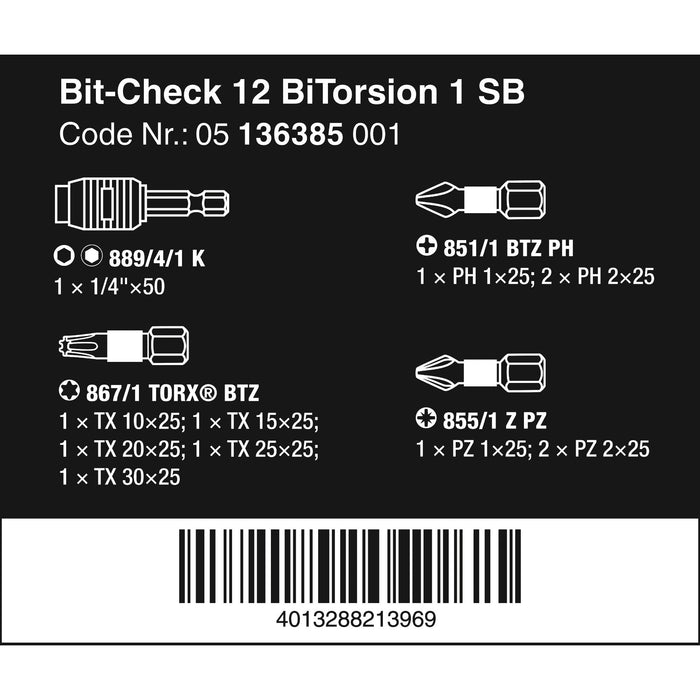 Wera Bit-Check 12 BiTorsion 1 SB, 12 pieces