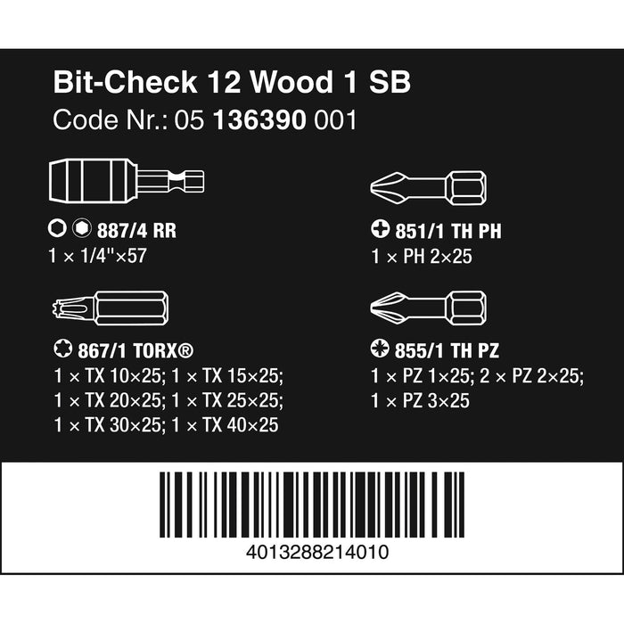 Wera Bit-Check 12 Wood 1 SB, 12 pieces