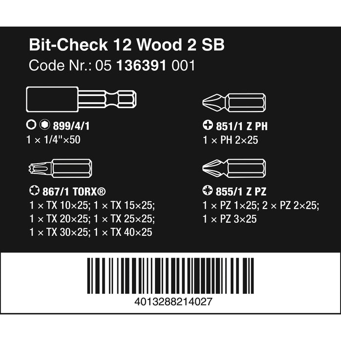 Wera Bit-Check 12 Wood 2 SB, 12 pieces