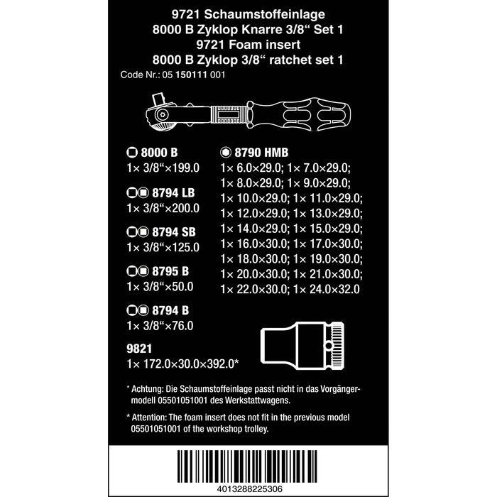Wera 9721 Foam insert 8000 B Zyklop 3/8" ratchet set 1, 23 pieces