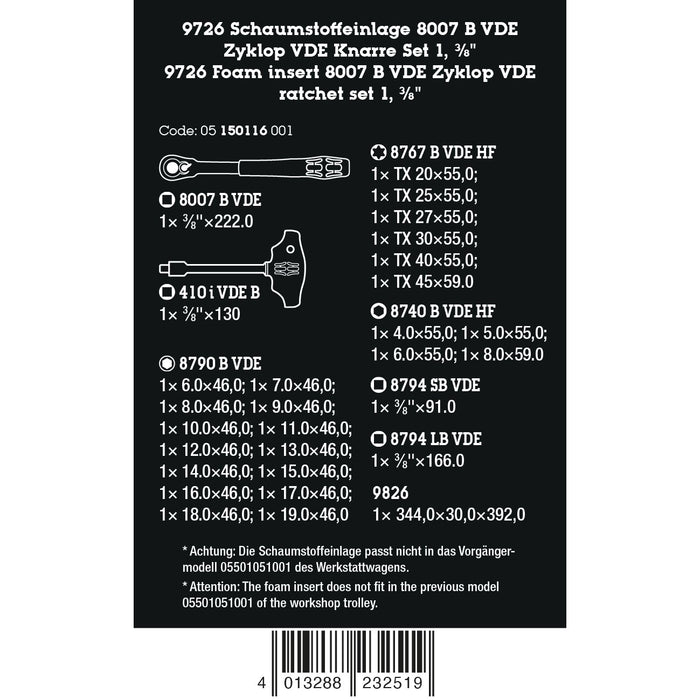 Wera 9726 Foam insert 8007 B VDE Zyklop VDE ratchet set 1, 3/8", 28 pieces