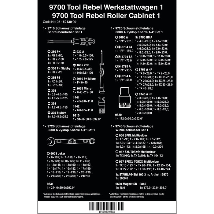 Wera 9700 Tool Rebel Roller Cabinet 1, 94 pieces