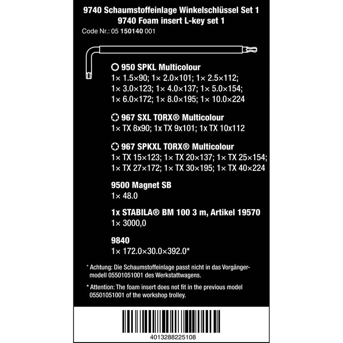 Wera 9740 Foam insert L-key set 1, 20 pieces