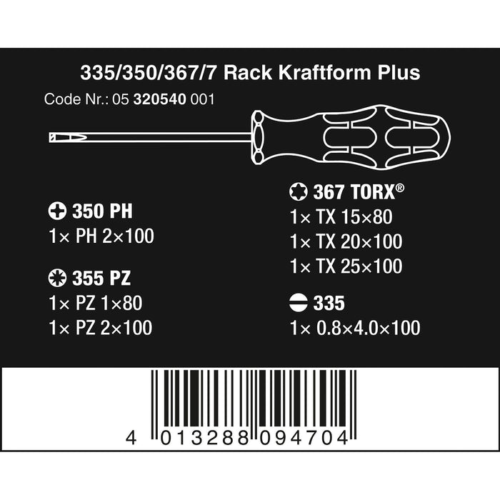 Wera 335/350/367/7 Rack Screwdriver set Kraftform Plus Lasertip and rack, 7 pieces