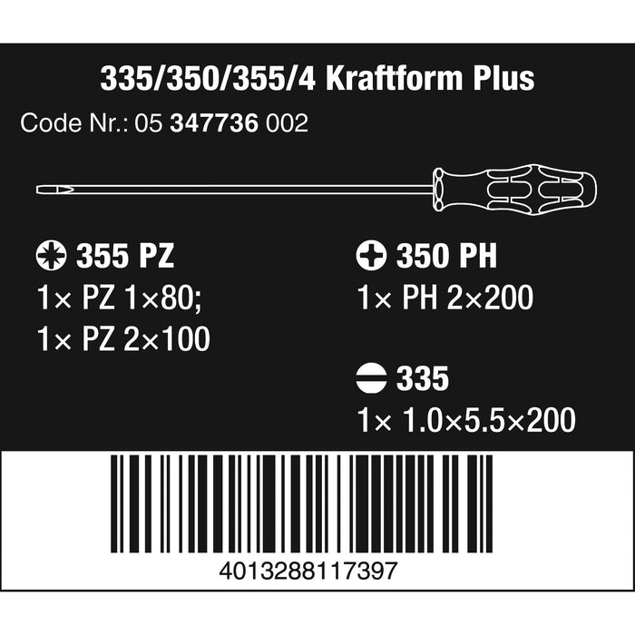 Wera 335/350/355/4 Screwdriver set Kraftform Plus Lasertip 200 mm-long blades, 4